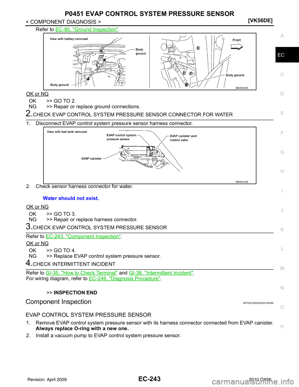 INFINITI QX56 2010  Factory Service Manual P0451 EVAP CONTROL SYSTEM PRESSURE SENSOREC-243
< COMPONENT DIAGNOSIS > [VK56DE]
C
D
E
F
G H
I
J
K L
M A
EC
NP
O
Refer to 
EC-85, "Ground Inspection".
OK or NG
OK >> GO TO 2.
NG >> Repair or replace g