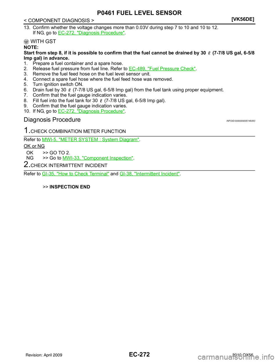 INFINITI QX56 2010  Factory Service Manual EC-272
< COMPONENT DIAGNOSIS >[VK56DE]
P0461 FUEL LEVEL SENSOR
13. Confirm whether the voltage changes more than 0.03V during step 7 to 10 and 10 to 12.
If NG, go to  EC-272, "
Diagnosis Procedure".
 