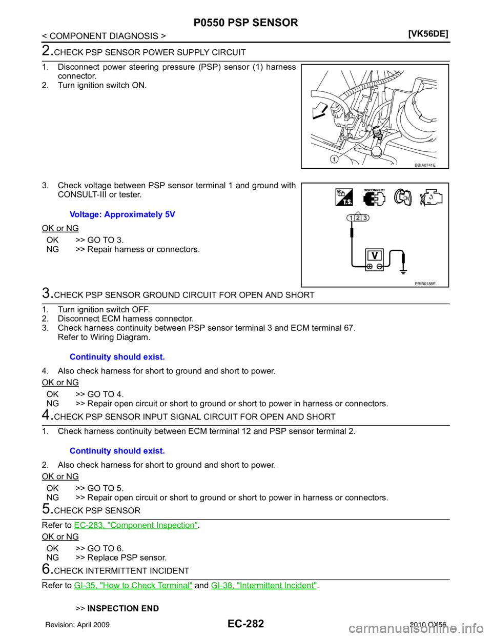 INFINITI QX56 2010  Factory Service Manual EC-282
< COMPONENT DIAGNOSIS >[VK56DE]
P0550 PSP SENSOR
2.CHECK PSP SENSOR POWER SUPPLY CIRCUIT
1. Disconnect power steering pressure (PSP) sensor (1) harness connector.
2. Turn ignition switch ON.
3.