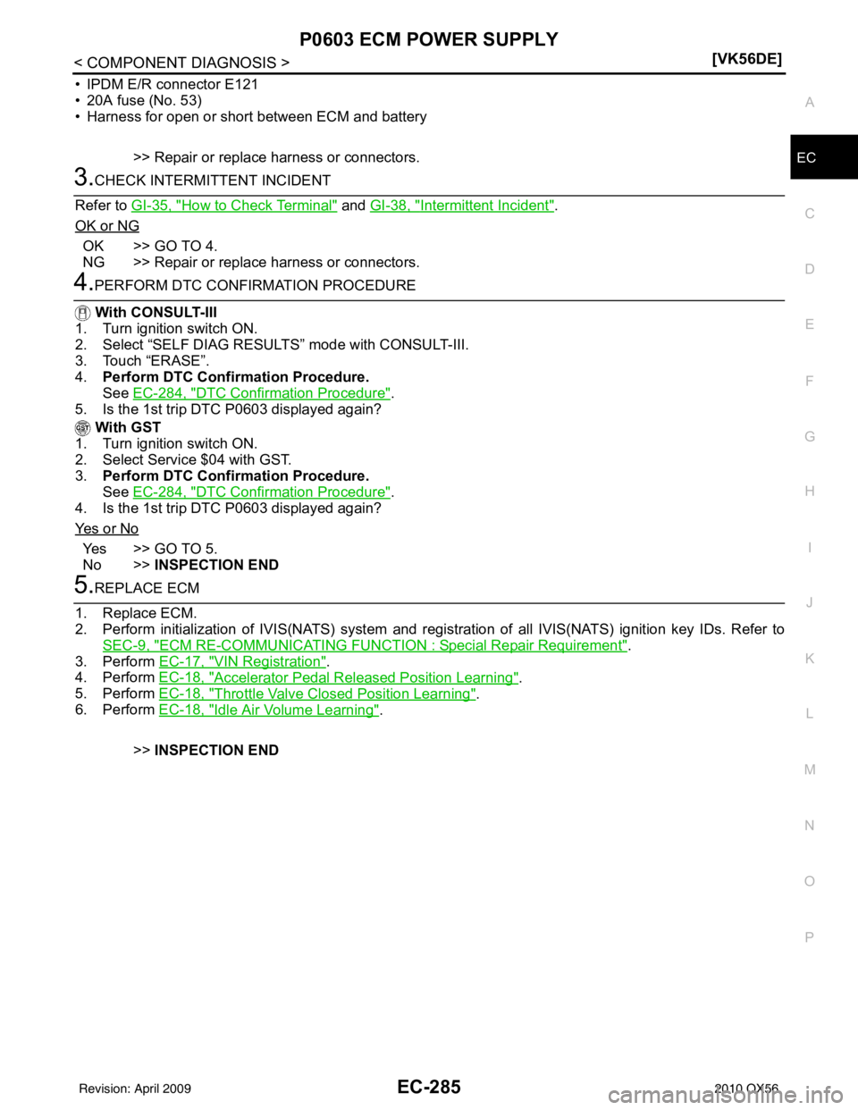 INFINITI QX56 2010  Factory Service Manual P0603 ECM POWER SUPPLYEC-285
< COMPONENT DIAGNOSIS > [VK56DE]
C
D
E
F
G H
I
J
K L
M A
EC
NP
O
• IPDM E/R connector E121
• 20A fuse (No. 53)
• Harness for open or short between ECM and battery
>>