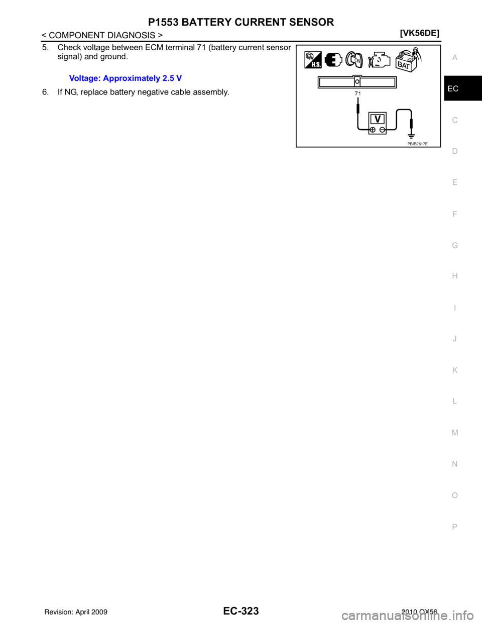 INFINITI QX56 2010  Factory Service Manual P1553 BATTERY CURRENT SENSOREC-323
< COMPONENT DIAGNOSIS > [VK56DE]
C
D
E
F
G H
I
J
K L
M A
EC
NP
O
5. Check voltage between ECM terminal 71 (battery current sensor
signal) and ground.
6. If NG, repla