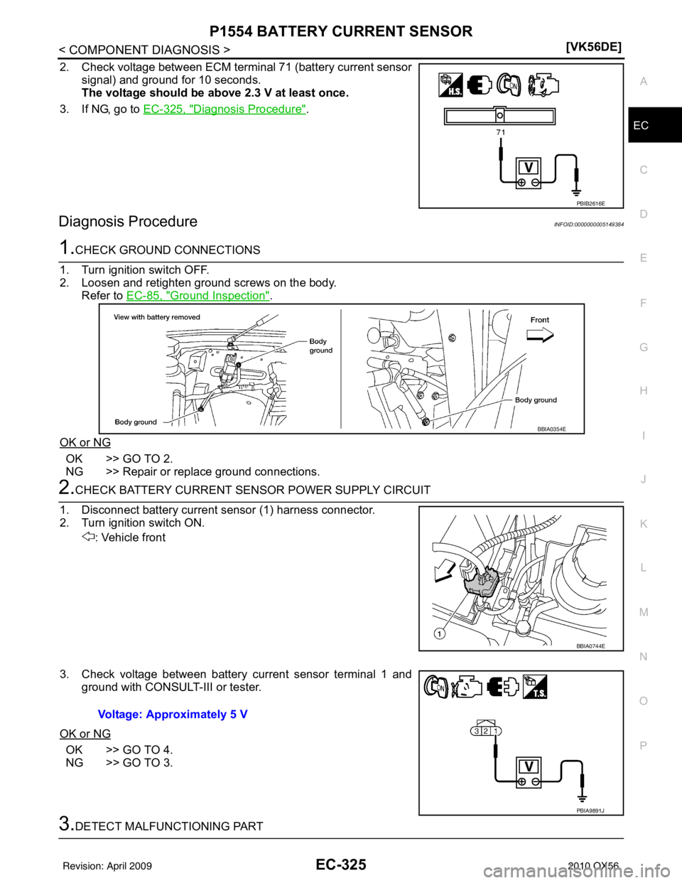 INFINITI QX56 2010  Factory Service Manual P1554 BATTERY CURRENT SENSOREC-325
< COMPONENT DIAGNOSIS > [VK56DE]
C
D
E
F
G H
I
J
K L
M A
EC
NP
O
2. Check voltage between ECM terminal 71 (battery current sensor
signal) and ground for 10 seconds.
