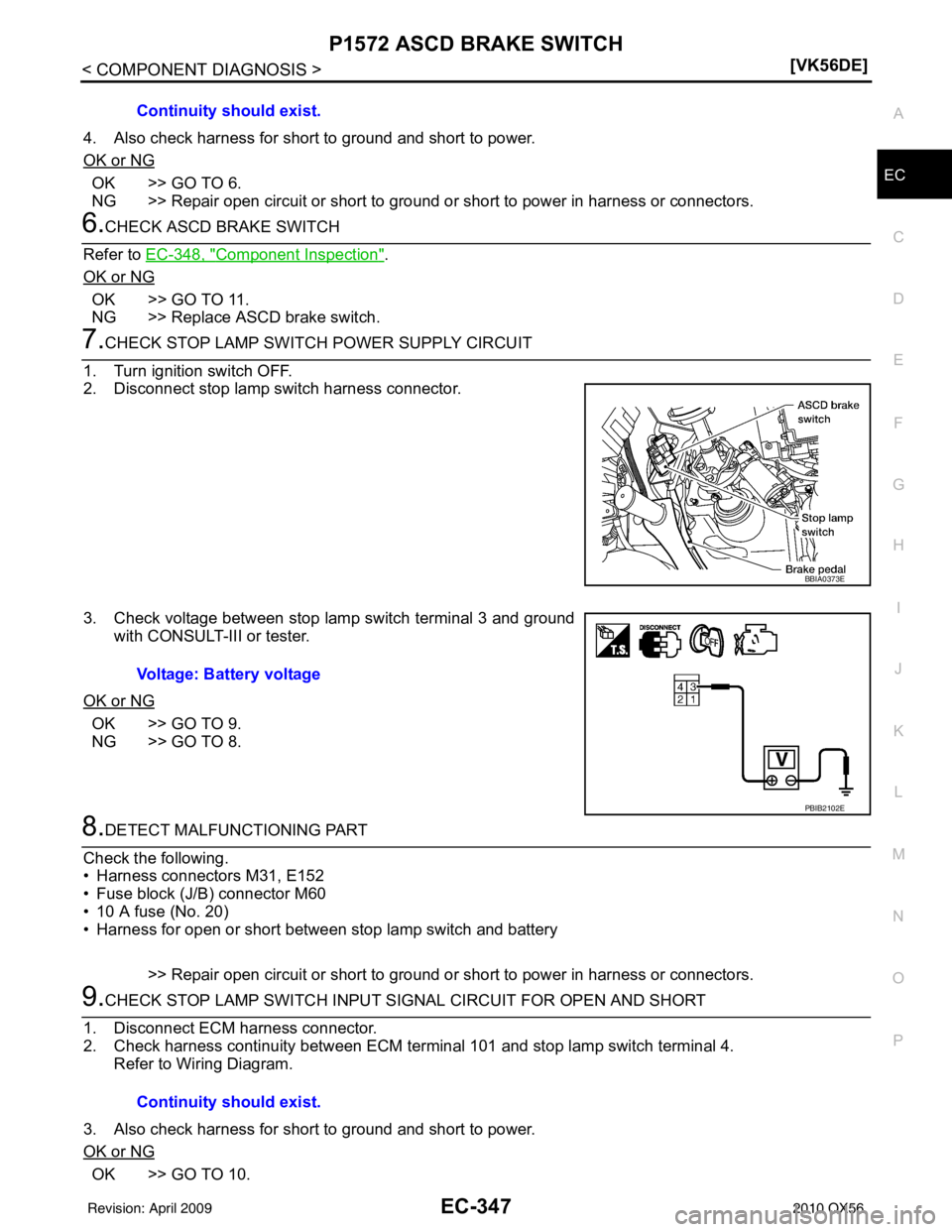 INFINITI QX56 2010  Factory Service Manual P1572 ASCD BRAKE SWITCHEC-347
< COMPONENT DIAGNOSIS > [VK56DE]
C
D
E
F
G H
I
J
K L
M A
EC
NP
O
4. Also check harness for short to ground and short to power.
OK or NG
OK >> GO TO 6.
NG >> Repair open c