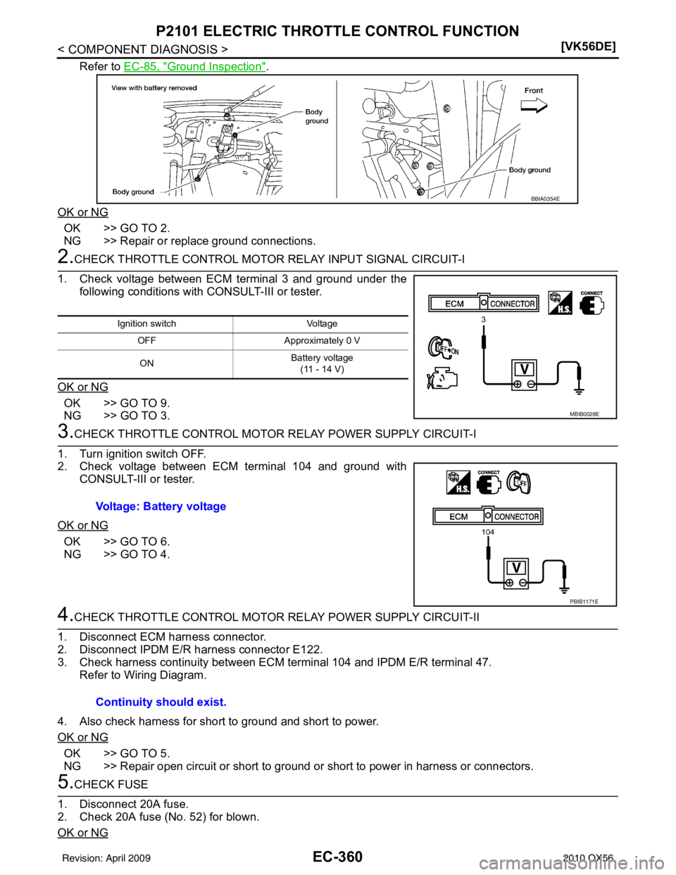 INFINITI QX56 2010  Factory Service Manual EC-360
< COMPONENT DIAGNOSIS >[VK56DE]
P2101 ELECTRIC THROTTLE CONTROL FUNCTION
Refer to EC-85, "Ground Inspection".
OK or NG
OK >> GO TO 2.
NG >> Repair or replace ground connections.
2.CHECK THROTTL