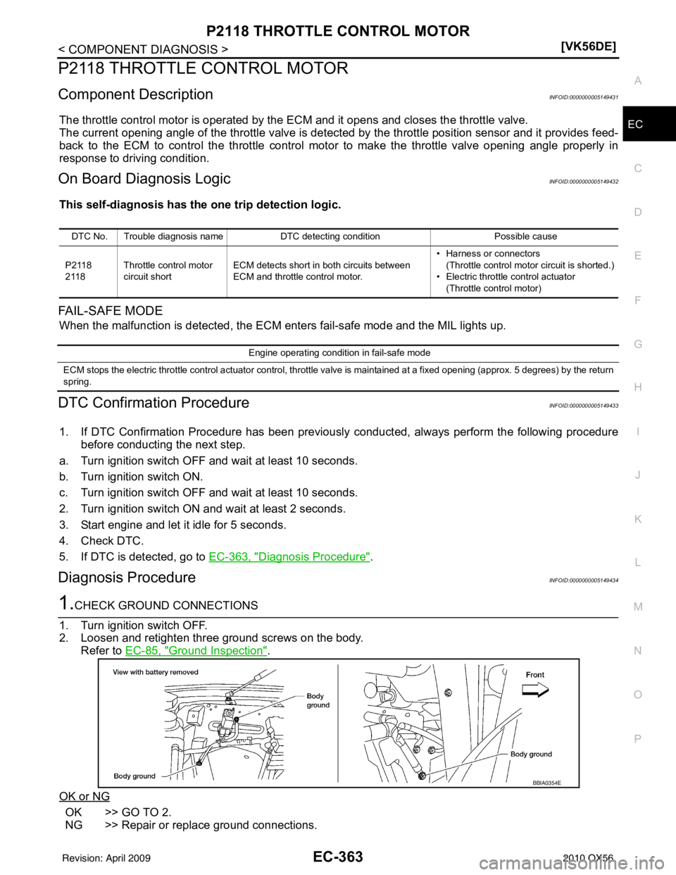 INFINITI QX56 2010  Factory Service Manual P2118 THROTTLE CONTROL MOTOREC-363
< COMPONENT DIAGNOSIS > [VK56DE]
C
D
E
F
G H
I
J
K L
M A
EC
NP
O
P2118 THROTTLE CONTROL MOTOR
Component DescriptionINFOID:0000000005149431
The throttle control motor