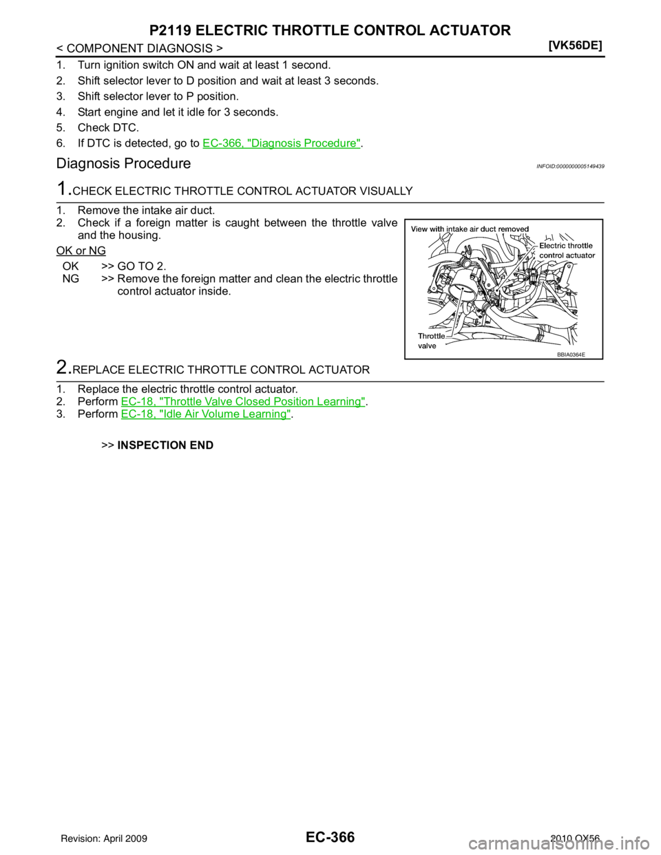 INFINITI QX56 2010  Factory Service Manual EC-366
< COMPONENT DIAGNOSIS >[VK56DE]
P2119 ELECTRIC THROTTLE CONTROL ACTUATOR
1. Turn ignition switch ON and wait at least 1 second.
2. Shift selector lever to D position and wait at least 3 seconds