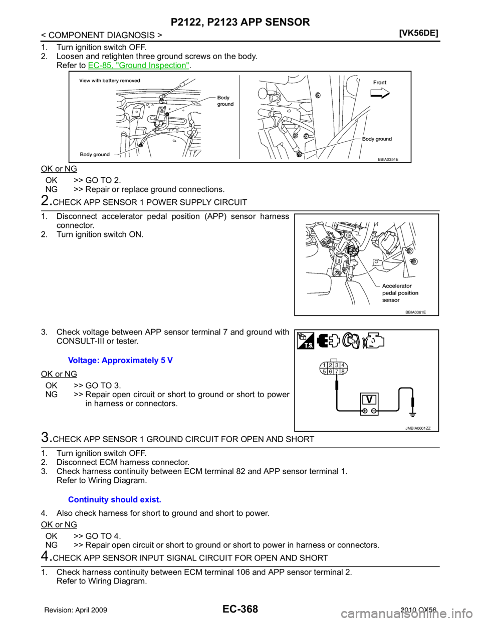 INFINITI QX56 2010  Factory Service Manual EC-368
< COMPONENT DIAGNOSIS >[VK56DE]
P2122, P2123 APP SENSOR
1. Turn ignition switch OFF.
2. Loosen and retighten three ground screws on the body.
Refer to EC-85, "
Ground Inspection".
OK or NG
OK >