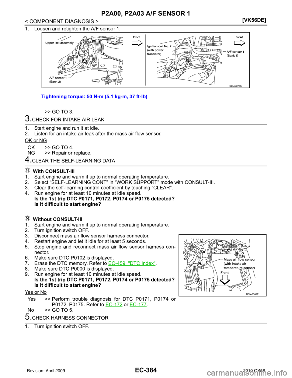 INFINITI QX56 2010  Factory Service Manual EC-384
< COMPONENT DIAGNOSIS >[VK56DE]
P2A00, P2A03 A/F SENSOR 1
1. Loosen and retighten the A/F sensor 1.
>> GO TO 3.
3.CHECK FOR INTAKE AIR LEAK
1. Start engine and run it at idle.
2. Listen for an 