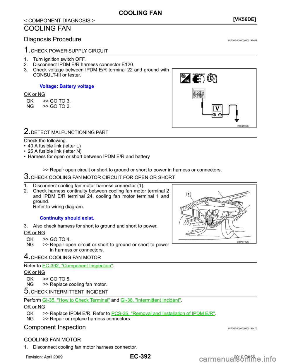 INFINITI QX56 2010  Factory Service Manual EC-392
< COMPONENT DIAGNOSIS >[VK56DE]
COOLING FAN
COOLING FAN
Diagnosis ProcedureINFOID:0000000005149469
1.CHECK POWER SUPPLY CIRCUIT
1. Turn ignition switch OFF.
2. Disconnect IPDM E/R harness conne