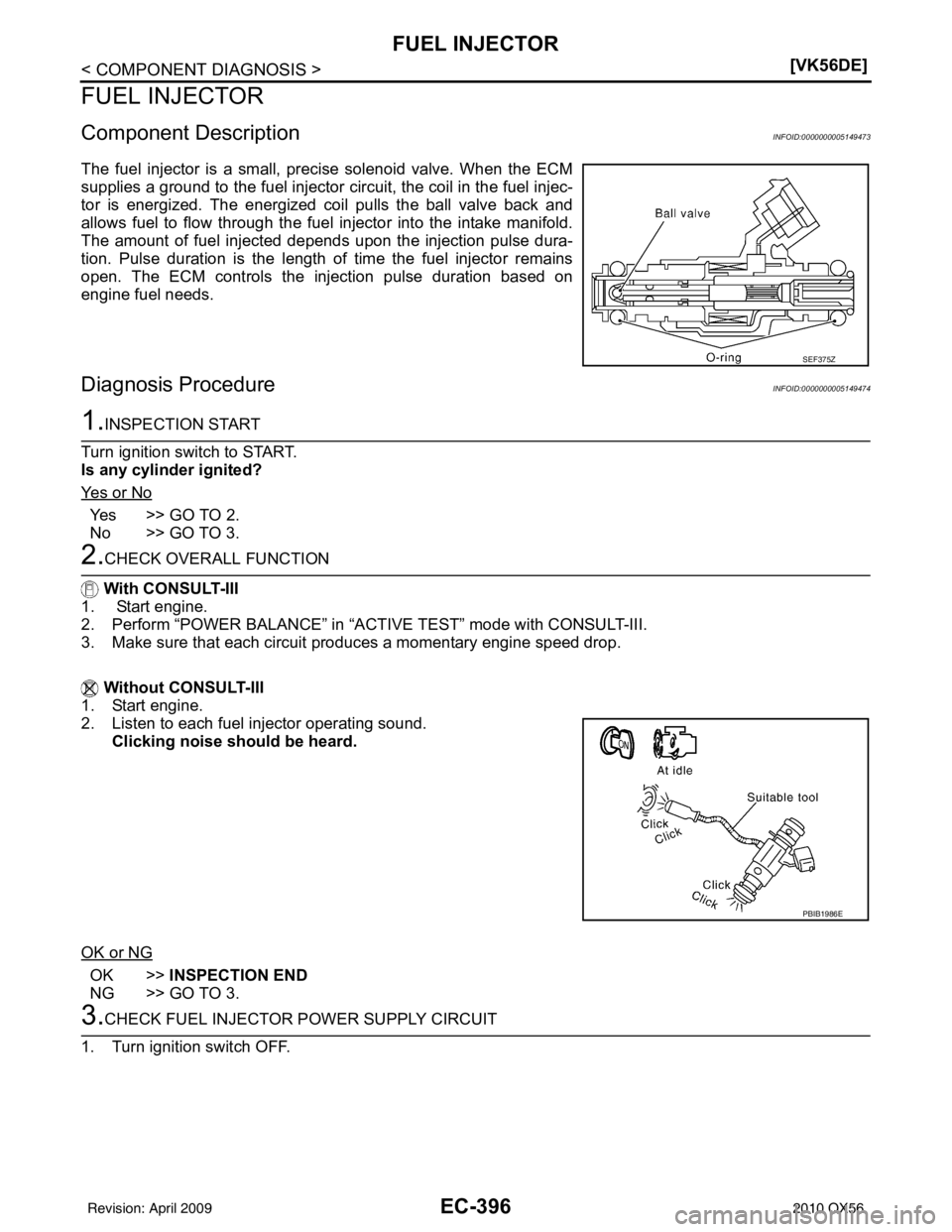 INFINITI QX56 2010  Factory Service Manual EC-396
< COMPONENT DIAGNOSIS >[VK56DE]
FUEL INJECTOR
FUEL INJECTOR
Component DescriptionINFOID:0000000005149473
The fuel injector is a small, precise solenoid valve. When the ECM
supplies a ground to 