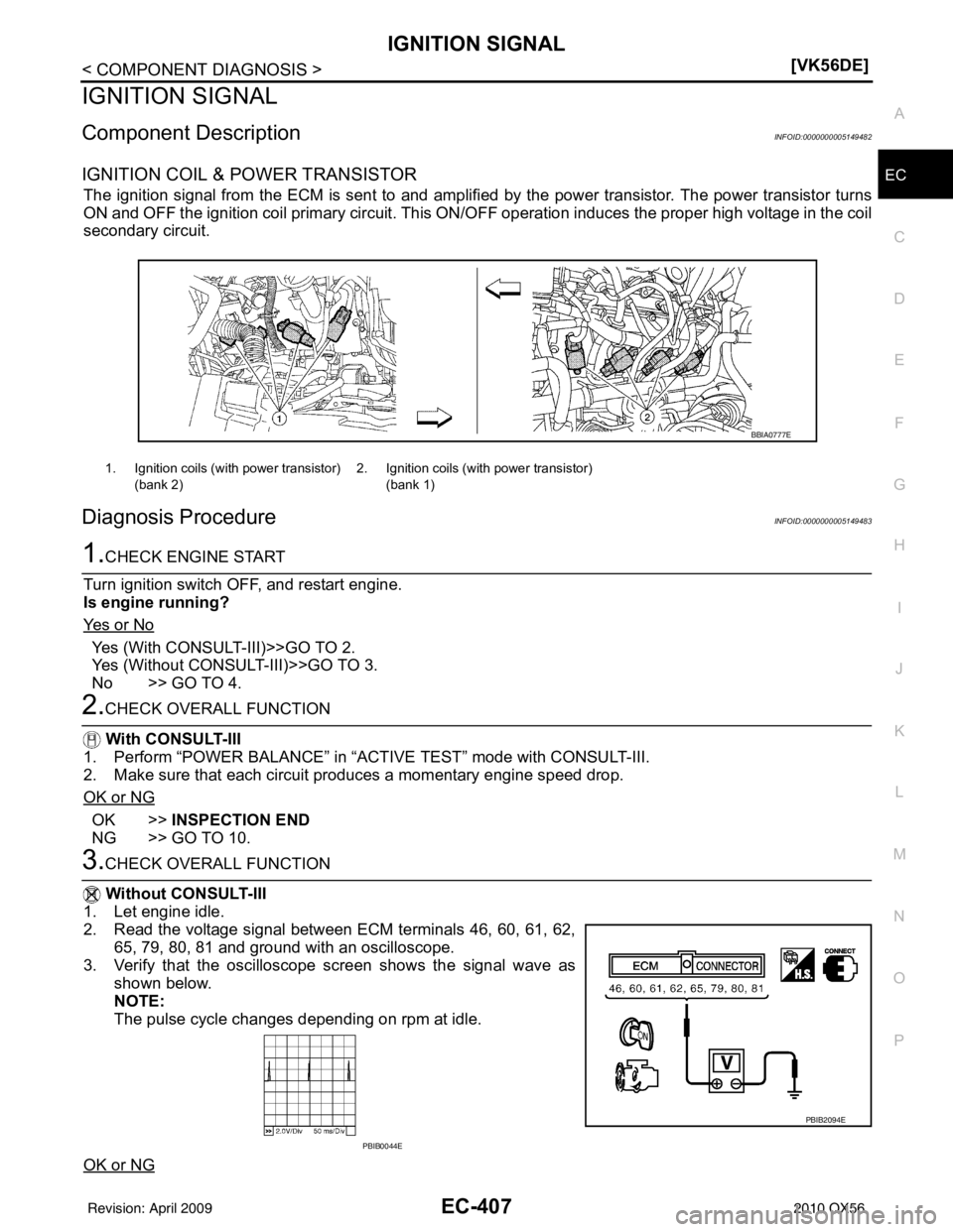 INFINITI QX56 2010  Factory Service Manual IGNITION SIGNALEC-407
< COMPONENT DIAGNOSIS > [VK56DE]
C
D
E
F
G H
I
J
K L
M A
EC
NP
O
IGNITION SIGNAL
Component DescriptionINFOID:0000000005149482
IGNITION COIL & POWER TRANSISTOR
The ignition signal