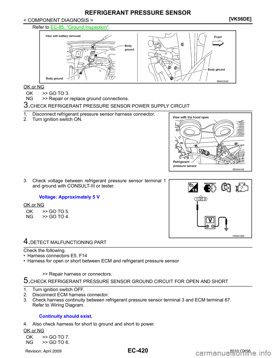 INFINITI QX56 2010  Factory Service Manual EC-420
< COMPONENT DIAGNOSIS >[VK56DE]
REFRIGERANT PRESSURE SENSOR
Refer to EC-85, "Ground Inspection".
OK or NG
OK >> GO TO 3.
NG >> Repair or replace ground connections.
3.CHECK REFRIGERANT PRESSURE