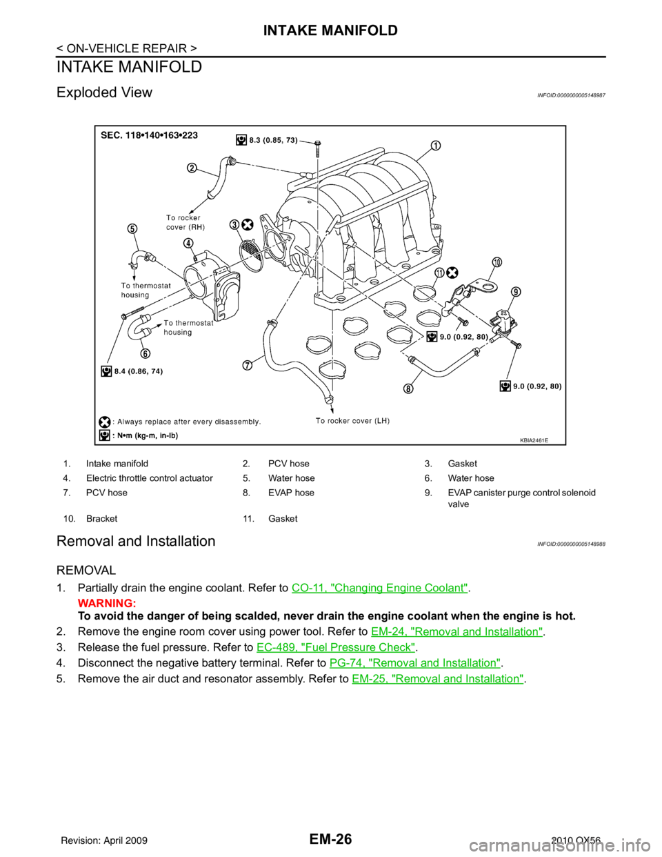 INFINITI QX56 2010  Factory Service Manual EM-26
< ON-VEHICLE REPAIR >
INTAKE MANIFOLD
INTAKE MANIFOLD
Exploded ViewINFOID:0000000005148987
Removal and InstallationINFOID:0000000005148988
REMOVAL
1. Partially drain the engine coolant. Refer to