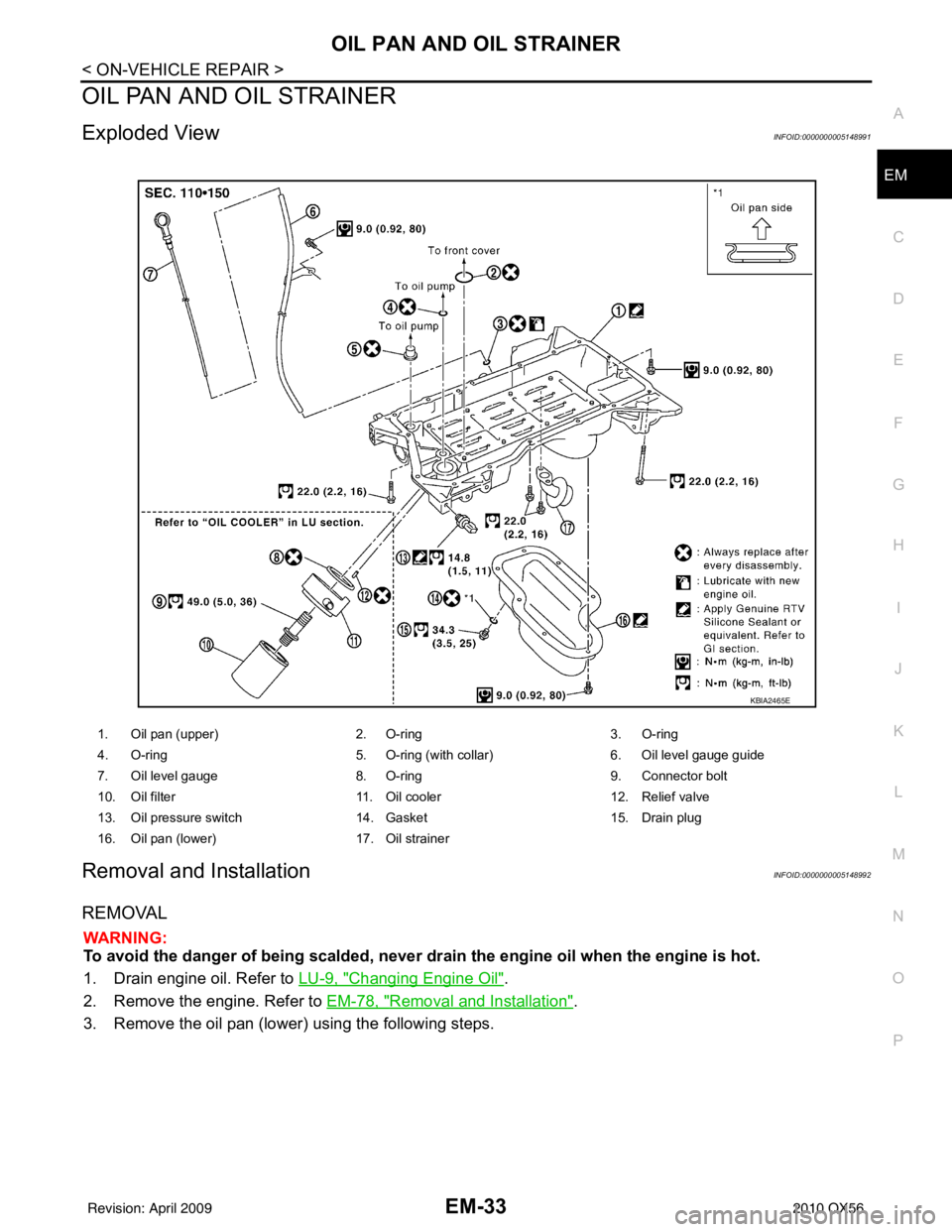 INFINITI QX56 2010  Factory Service Manual OIL PAN AND OIL STRAINEREM-33
< ON-VEHICLE REPAIR >
C
DE
F
G H
I
J
K L
M A
EM
NP
O
OIL PAN AND OIL STRAINER
Exploded ViewINFOID:0000000005148991
Removal and InstallationINFOID:0000000005148992
REMOVAL