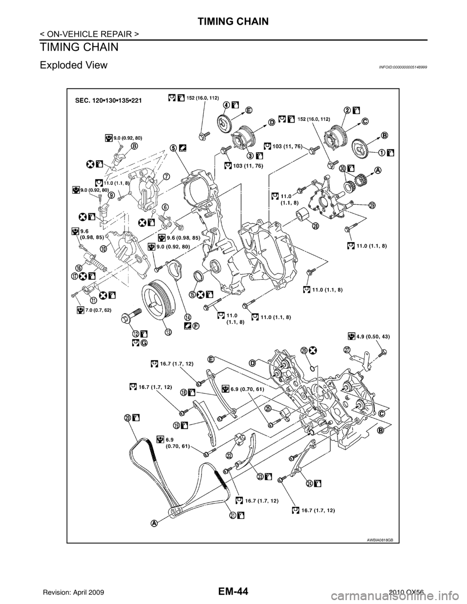 INFINITI QX56 2010  Factory Service Manual EM-44
< ON-VEHICLE REPAIR >
TIMING CHAIN
TIMING CHAIN
Exploded ViewINFOID:0000000005148999
AWBIA0818GB
Revision: April 20092010 QX56 