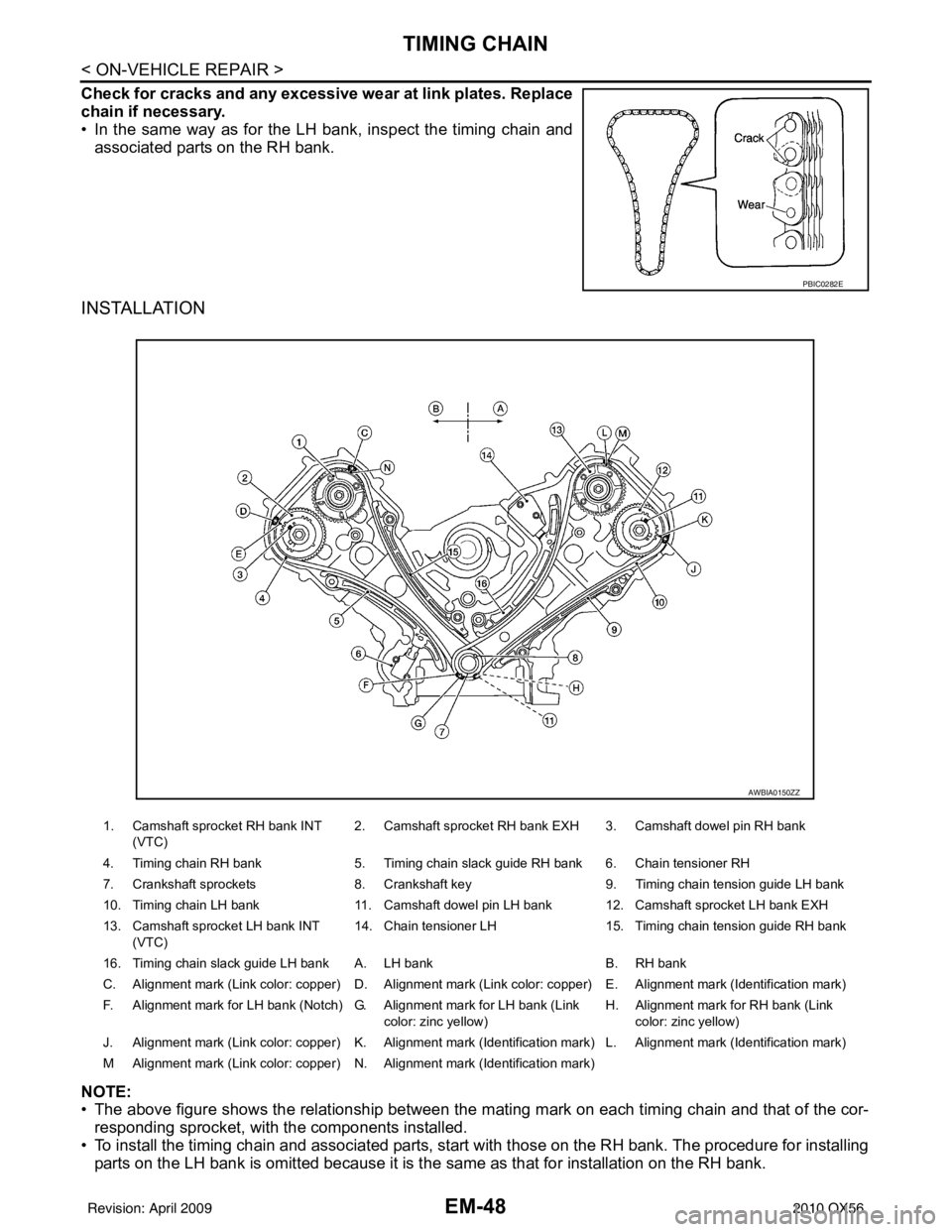 INFINITI QX56 2010  Factory Service Manual EM-48
< ON-VEHICLE REPAIR >
TIMING CHAIN
Check for cracks and any excessive wear at link plates. Replace
chain if necessary.
• In the same way as for the LH bank, inspect the timing chain andassocia