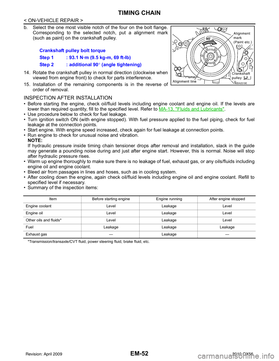 INFINITI QX56 2010  Factory Service Manual EM-52
< ON-VEHICLE REPAIR >
TIMING CHAIN
b. Select the one most visible notch of the four on the bolt flange.Corresponding to the selected notch, put a alignment mark
(such as paint) on the crankshaft