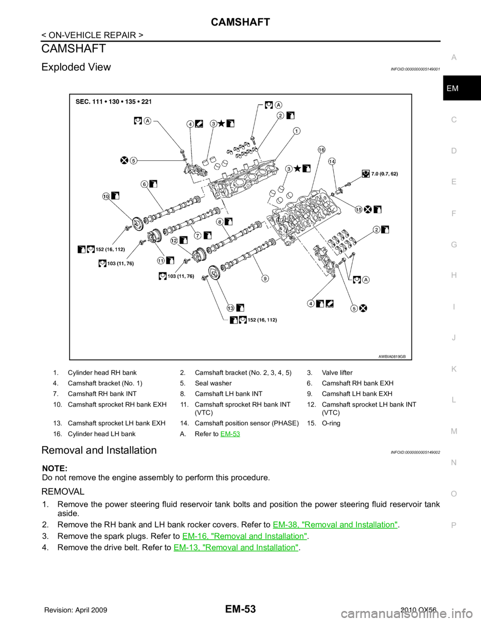 INFINITI QX56 2010  Factory Service Manual CAMSHAFTEM-53
< ON-VEHICLE REPAIR >
C
DE
F
G H
I
J
K L
M A
EM
NP
O
CAMSHAFT
Exploded ViewINFOID:0000000005149001
Removal and InstallationINFOID:0000000005149002
NOTE:
Do not remove the engine assembly
