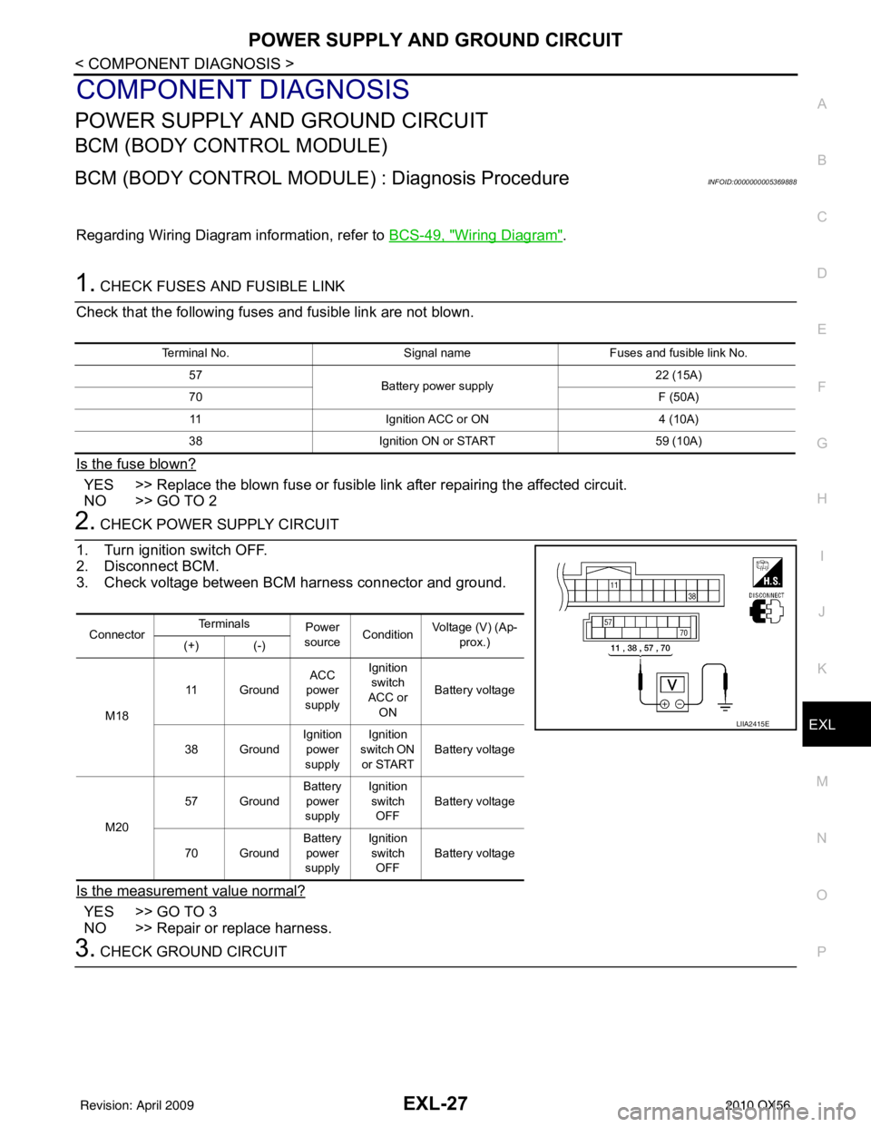 INFINITI QX56 2010  Factory Service Manual POWER SUPPLY AND GROUND CIRCUITEXL-27
< COMPONENT DIAGNOSIS >
C
DE
F
G H
I
J
K
M A
B
EXL
N
O P
COMPONENT DIAGNOSIS
POWER SUPPLY AND GROUND CIRCUIT
BCM (BODY CONTROL MODULE)
BCM (BODY CONTROL MODULE)  