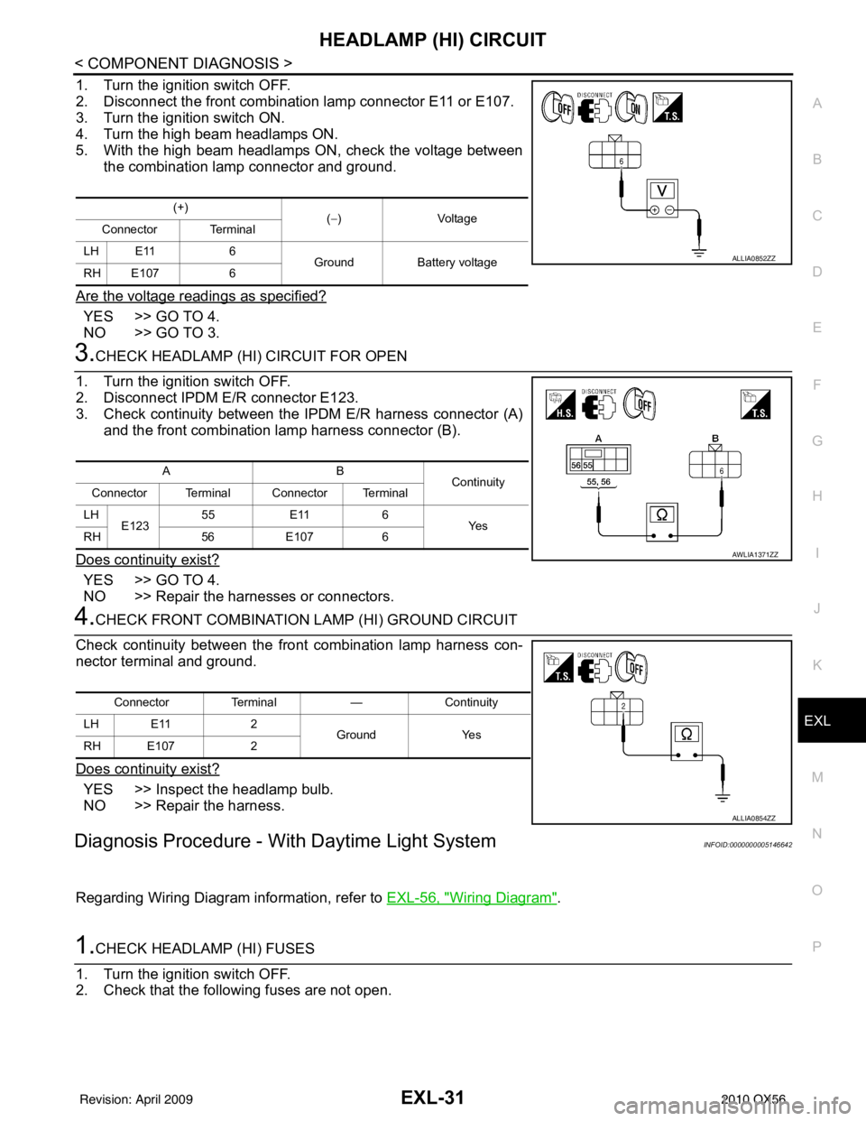 INFINITI QX56 2010  Factory Service Manual HEADLAMP (HI) CIRCUITEXL-31
< COMPONENT DIAGNOSIS >
C
DE
F
G H
I
J
K
M A
B
EXL
N
O P
1. Turn the ignition switch OFF.
2. Disconnect the front combination lamp connector E11 or E107.
3. Turn the igniti