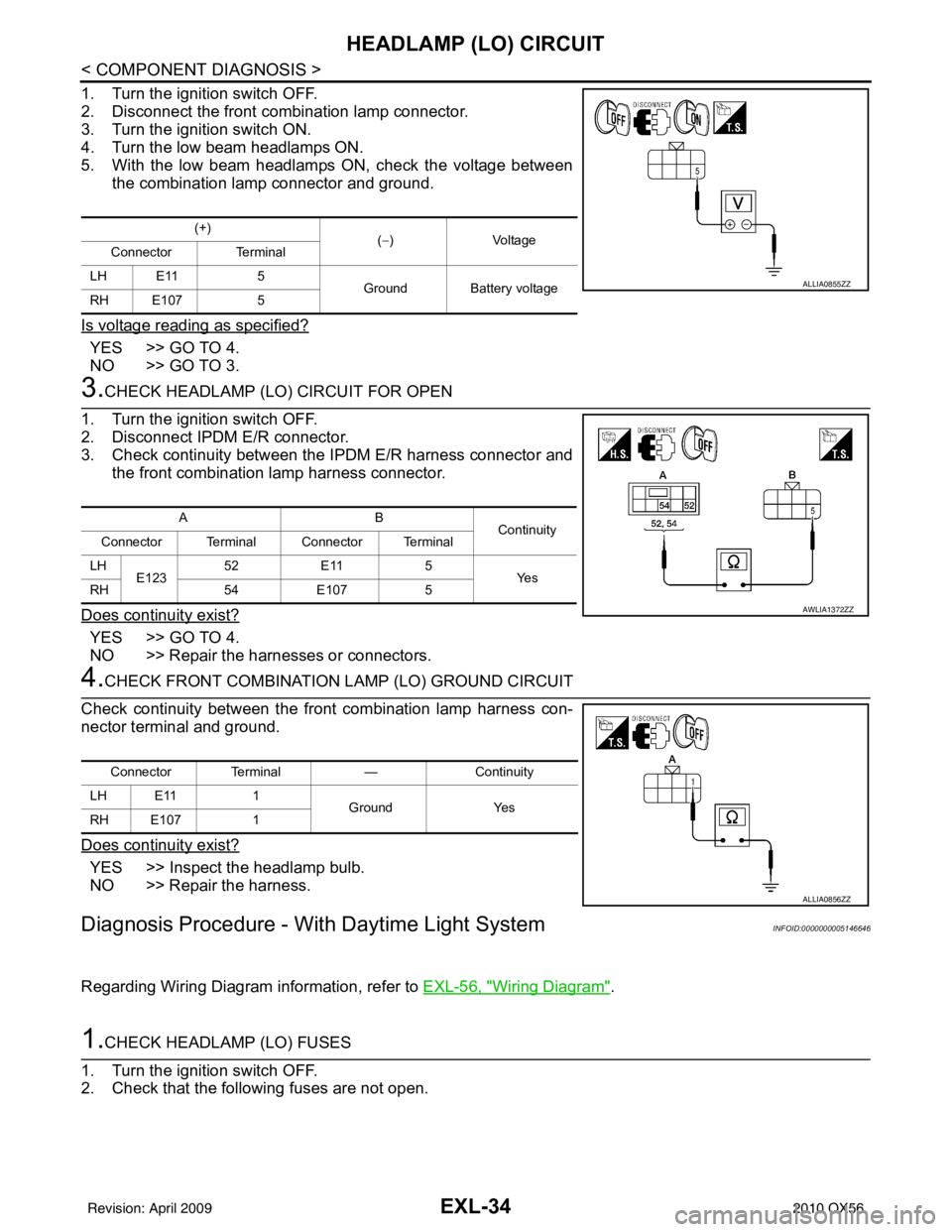 INFINITI QX56 2010  Factory Service Manual EXL-34
< COMPONENT DIAGNOSIS >
HEADLAMP (LO) CIRCUIT
1. Turn the ignition switch OFF.
2. Disconnect the front combination lamp connector.
3. Turn the ignition switch ON.
4. Turn the low beam headlamps