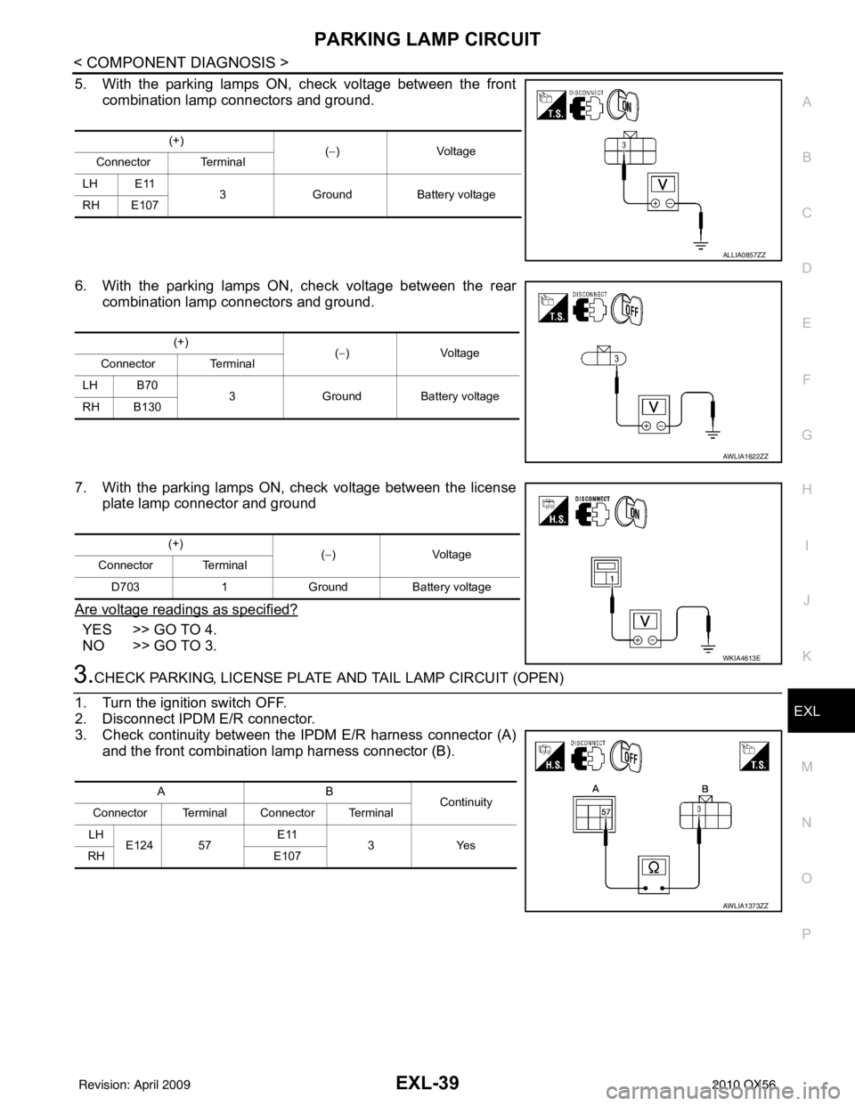 INFINITI QX56 2010 Factory Service Manual PARKING LAMP CIRCUITEXL-39
< COMPONENT DIAGNOSIS >
C
DE
F
G H
I
J
K
M A
B
EXL
N
O P
5. With the parking lamps ON, check voltage between the front combination lamp connectors and ground.
6. With the pa INFINITI QX56 2010 Factory Service Manual PARKING LAMP CIRCUITEXL-39
< COMPONENT DIAGNOSIS >
C
DE
F
G H
I
J
K
M A
B
EXL
N
O P
5. With the parking lamps ON, check voltage between the front combination lamp connectors and ground.
6. With the pa