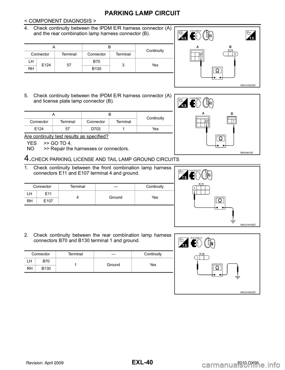 INFINITI QX56 2010  Factory Service Manual EXL-40
< COMPONENT DIAGNOSIS >
PARKING LAMP CIRCUIT
4. Check continuity between the IPDM E/R harness connector (A)and the rear combination lamp harness connector (B).
5. Check continuity between the I