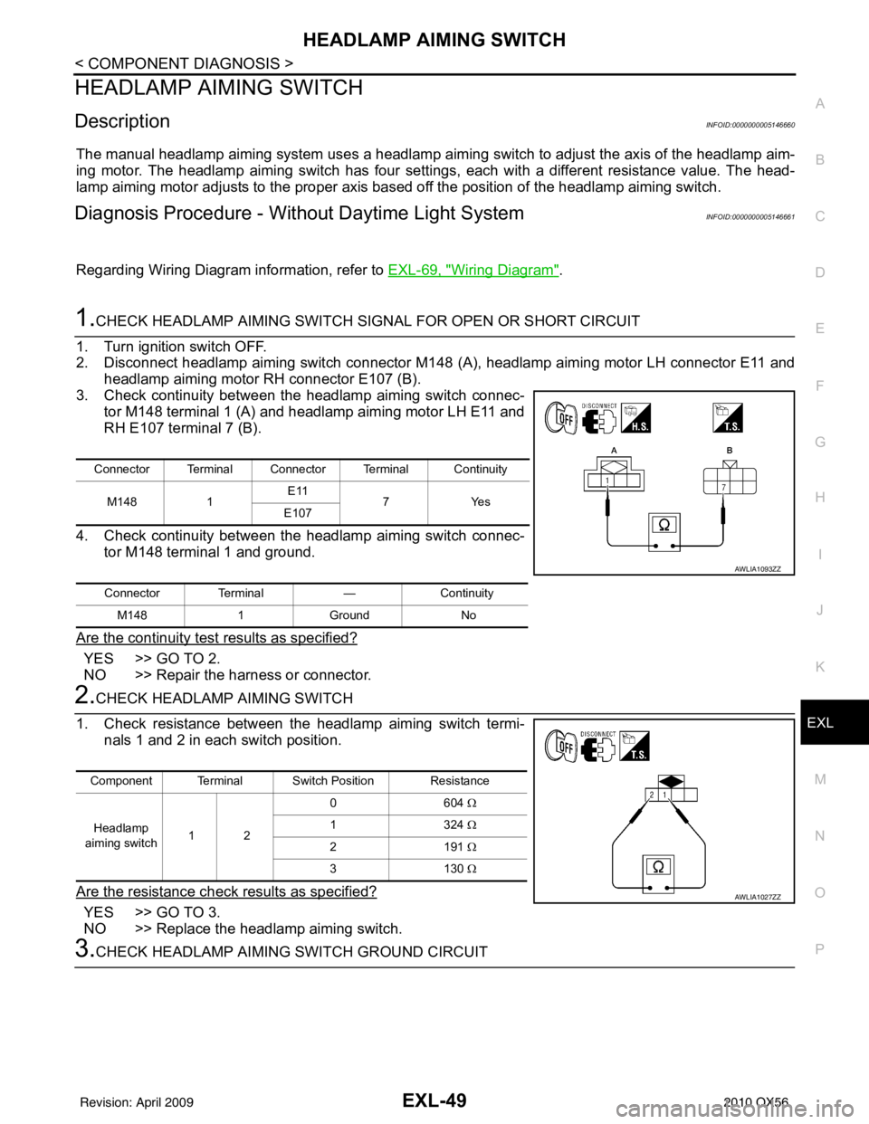 INFINITI QX56 2010 Factory Service Manual HEADLAMP AIMING SWITCHEXL-49
< COMPONENT DIAGNOSIS >
C
DE
F
G H
I
J
K
M A
B
EXL
N
O P
HEADLAMP AIMING SWITCH
DescriptionINFOID:0000000005146660
The manual headlamp aiming system uses a headlamp aiming INFINITI QX56 2010 Factory Service Manual HEADLAMP AIMING SWITCHEXL-49
< COMPONENT DIAGNOSIS >
C
DE
F
G H
I
J
K
M A
B
EXL
N
O P
HEADLAMP AIMING SWITCH
DescriptionINFOID:0000000005146660
The manual headlamp aiming system uses a headlamp aiming