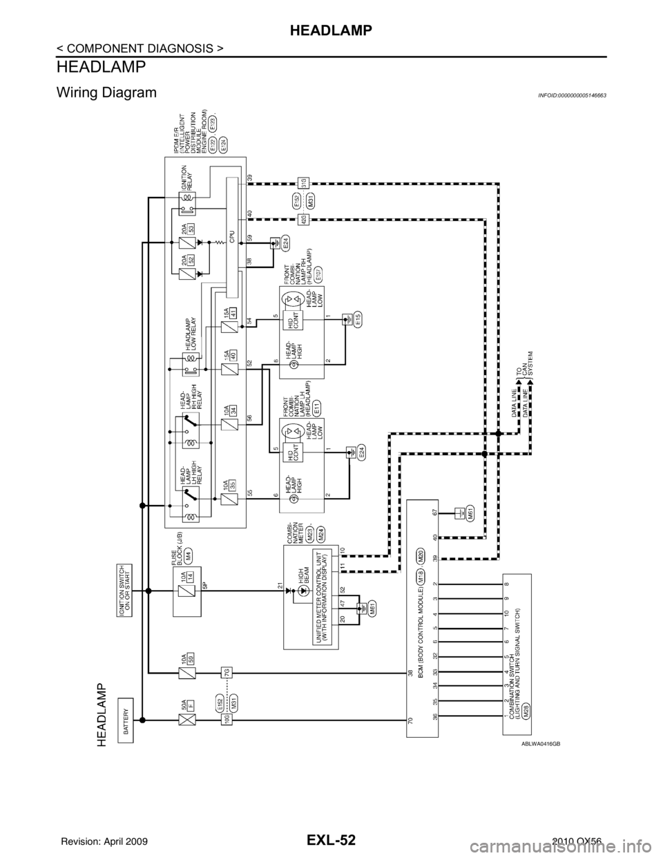 INFINITI QX56 2010  Factory Service Manual EXL-52
< COMPONENT DIAGNOSIS >
HEADLAMP
HEADLAMP
Wiring Diagram INFOID:0000000005146663
ABLWA0416GB
Revision: April 20092010 QX56 