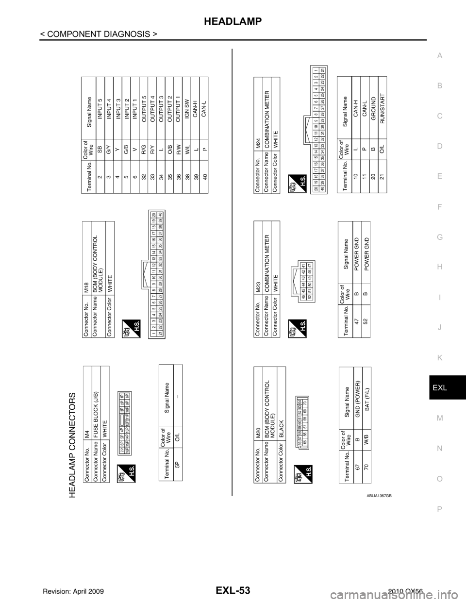 INFINITI QX56 2010  Factory Service Manual HEADLAMPEXL-53
< COMPONENT DIAGNOSIS >
C
DE
F
G H
I
J
K
M A
B
EXL
N
O P
ABLIA1367GB
Revision: April 20092010 QX56 