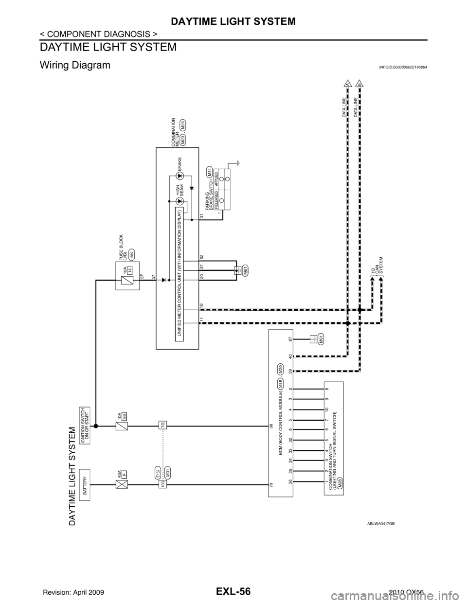 INFINITI QX56 2010  Factory Service Manual EXL-56
< COMPONENT DIAGNOSIS >
DAYTIME LIGHT SYSTEM
DAYTIME LIGHT SYSTEM
Wiring DiagramINFOID:0000000005146664
ABLWA0417GB
Revision: April 20092010 QX56 