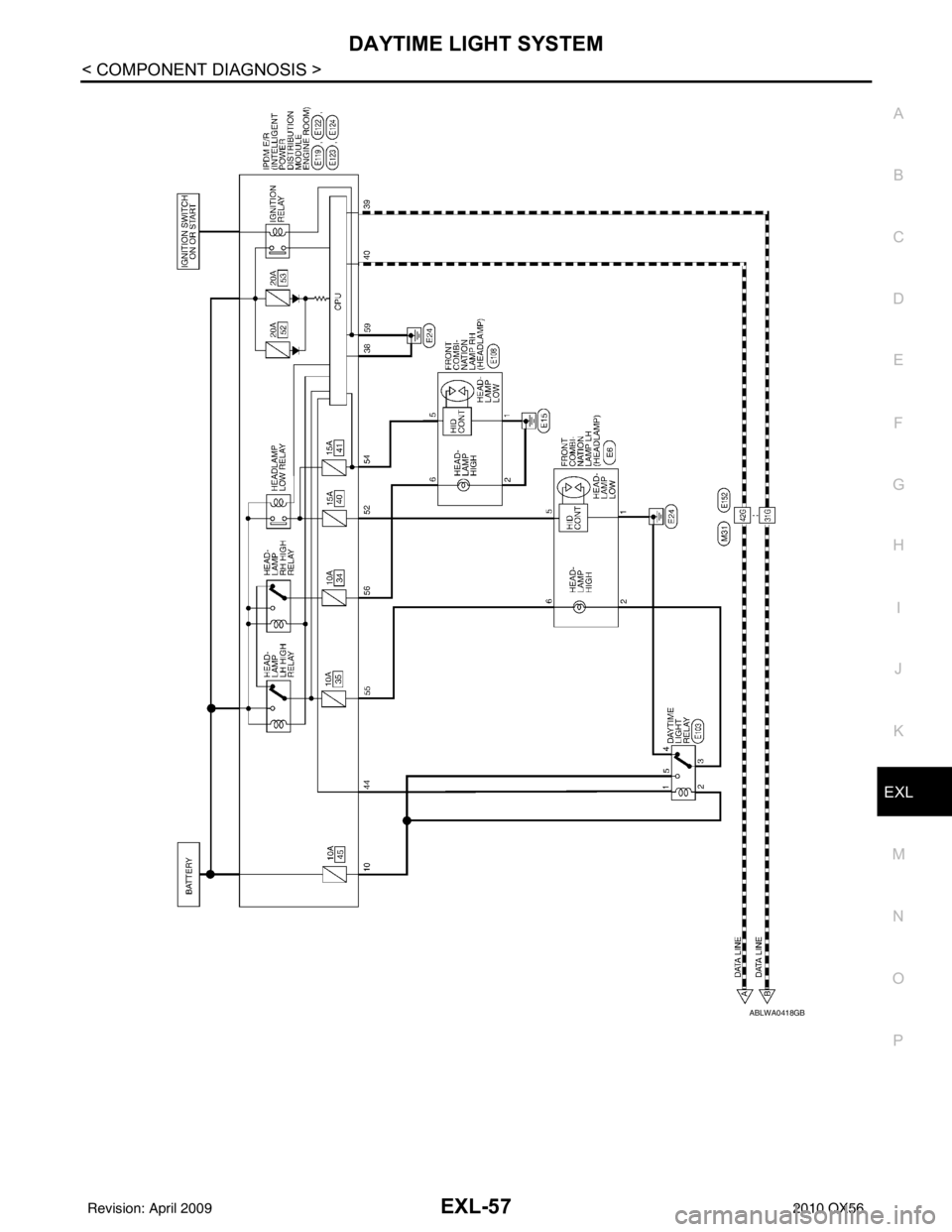 INFINITI QX56 2010  Factory Service Manual DAYTIME LIGHT SYSTEMEXL-57
< COMPONENT DIAGNOSIS >
C
DE
F
G H
I
J
K
M A
B
EXL
N
O P
ABLWA0418GB
Revision: April 20092010 QX56 
