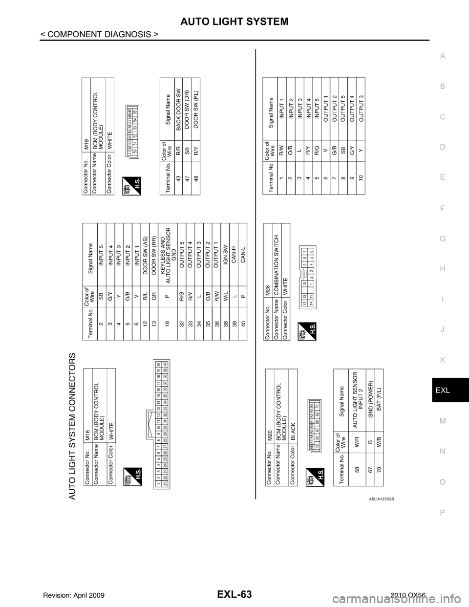 INFINITI QX56 2010  Factory Service Manual AUTO LIGHT SYSTEMEXL-63
< COMPONENT DIAGNOSIS >
C
DE
F
G H
I
J
K
M A
B
EXL
N
O P
ABLIA1372GB
Revision: April 20092010 QX56 