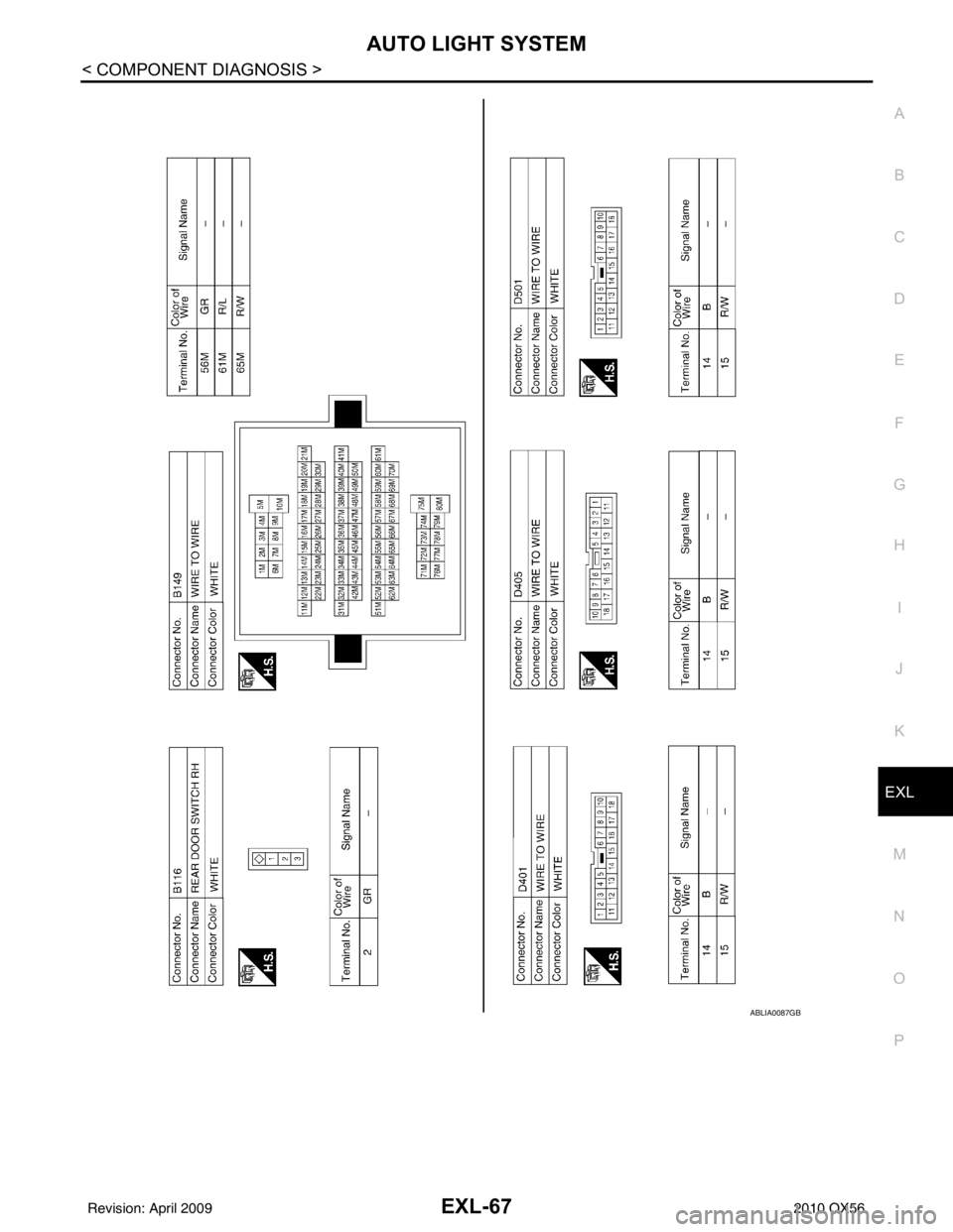 INFINITI QX56 2010  Factory Service Manual AUTO LIGHT SYSTEMEXL-67
< COMPONENT DIAGNOSIS >
C
DE
F
G H
I
J
K
M A
B
EXL
N
O P
ABLIA0087GB
Revision: April 20092010 QX56 