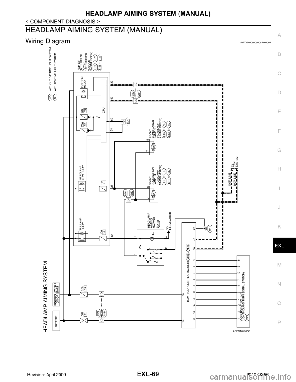 INFINITI QX56 2010  Factory Service Manual HEADLAMP AIMING SYSTEM (MANUAL)EXL-69
< COMPONENT DIAGNOSIS >
C
DE
F
G H
I
J
K
M A
B
EXL
N
O P
HEADLAMP AIMING SYSTEM (MANUAL)
Wiring DiagramINFOID:0000000005146666
ABLWA0420GB
Revision: April 2009201
