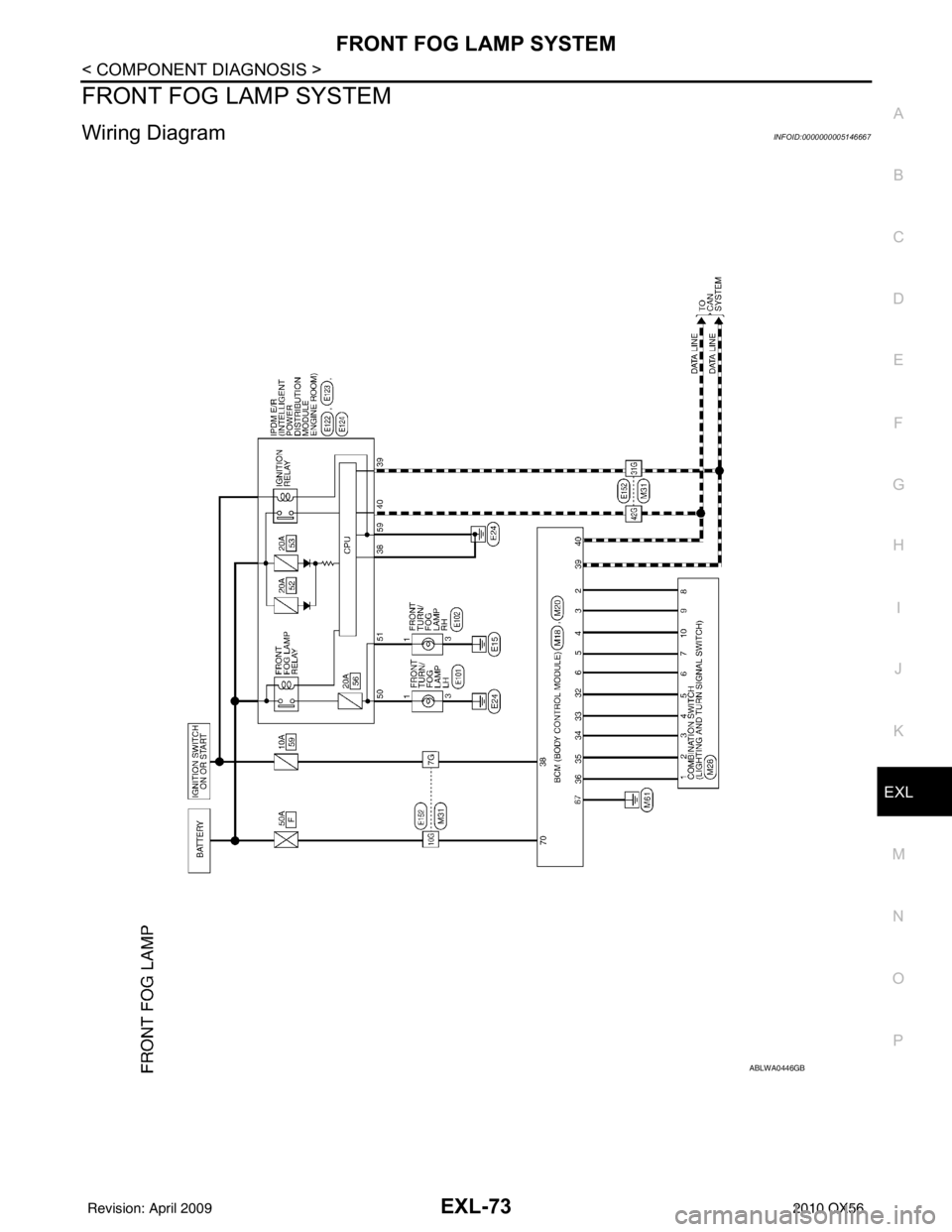 INFINITI QX56 2010  Factory Service Manual FRONT FOG LAMP SYSTEMEXL-73
< COMPONENT DIAGNOSIS >
C
DE
F
G H
I
J
K
M A
B
EXL
N
O P
FRONT FOG LAMP SYSTEM
Wiring DiagramINFOID:0000000005146667
ABLWA0446GB
Revision: April 20092010 QX56 