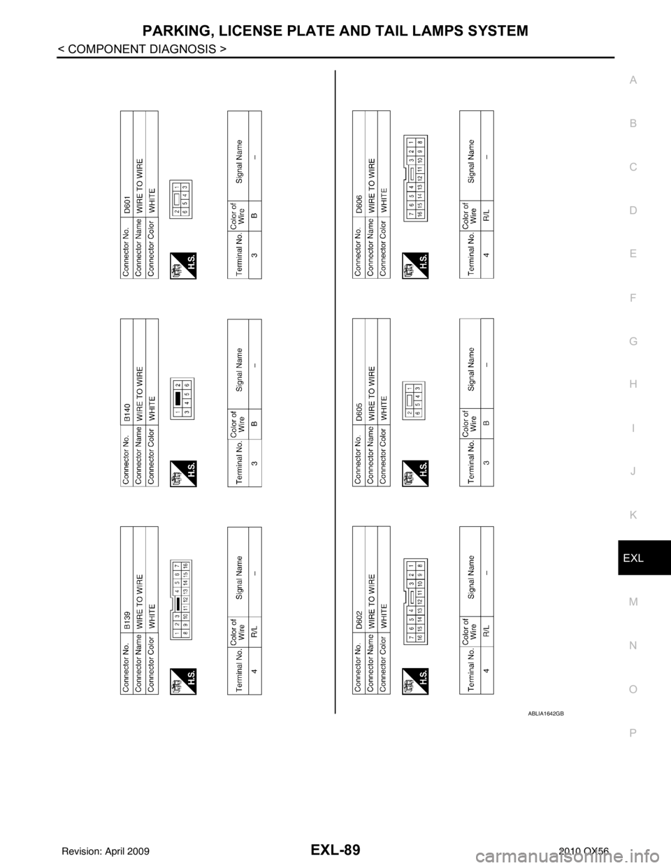 INFINITI QX56 2010  Factory Service Manual PARKING, LICENSE PLATE AND TAIL LAMPS SYSTEMEXL-89
< COMPONENT DIAGNOSIS >
C
DE
F
G H
I
J
K
M A
B
EXL
N
O P
ABLIA1642GB
Revision: April 20092010 QX56 