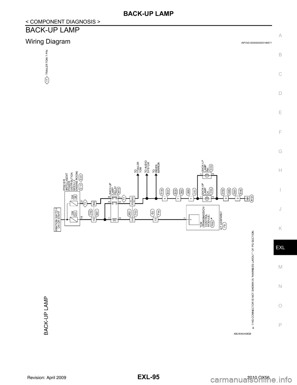 INFINITI QX56 2010  Factory Service Manual BACK-UP LAMPEXL-95
< COMPONENT DIAGNOSIS >
C
DE
F
G H
I
J
K
M A
B
EXL
N
O P
BACK-UP LAMP
Wiring DiagramINFOID:0000000005146671
ABLWA0448GB
Revision: April 20092010 QX56 