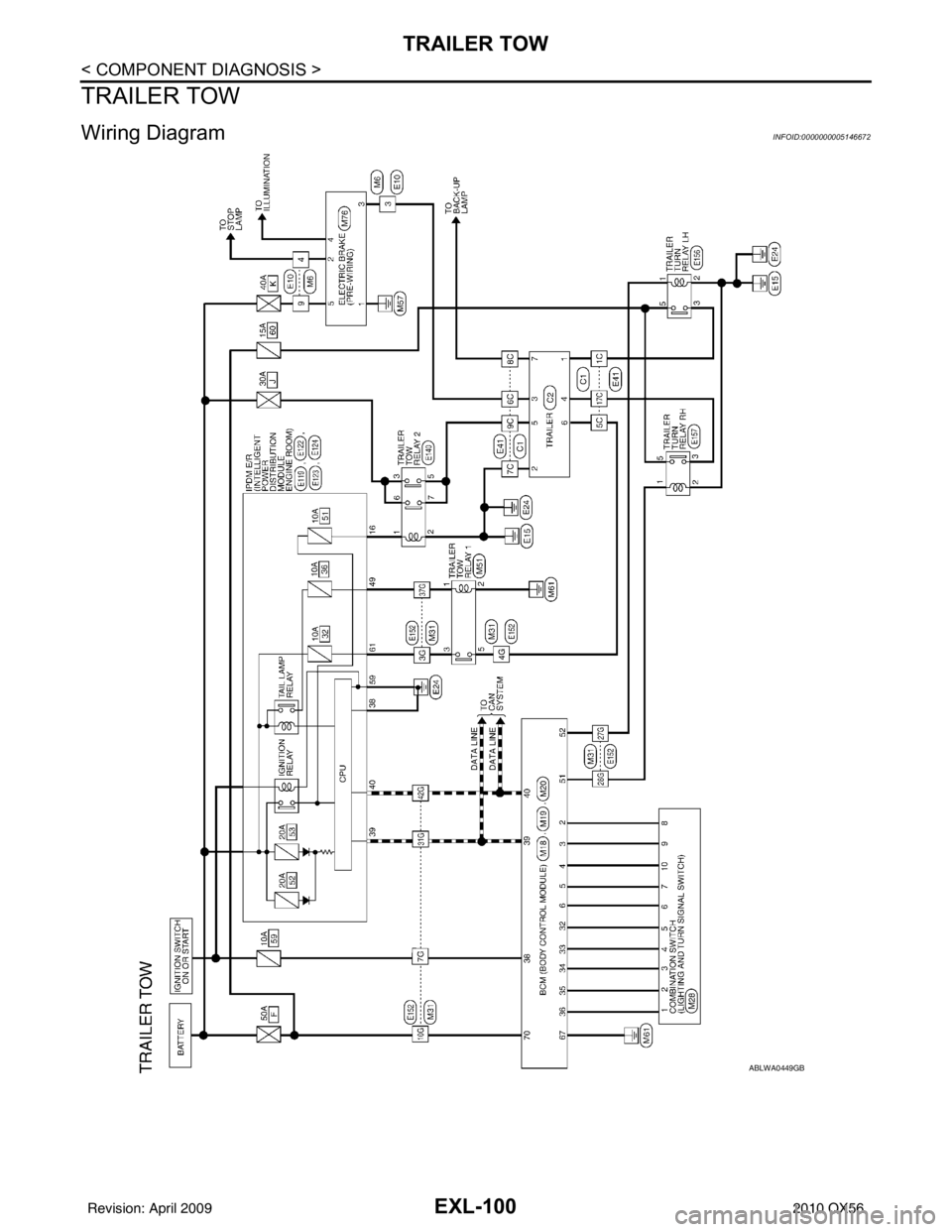 INFINITI QX56 2010  Factory Service Manual EXL-100
< COMPONENT DIAGNOSIS >
TRAILER TOW
TRAILER TOW
Wiring DiagramINFOID:0000000005146672
ABLWA0449GB
Revision: April 20092010 QX56 