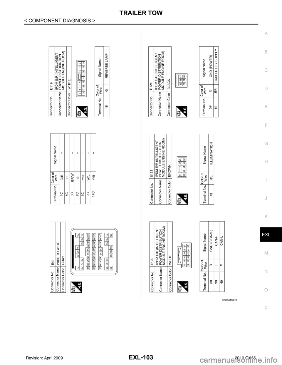 INFINITI QX56 2010  Factory Service Manual TRAILER TOWEXL-103
< COMPONENT DIAGNOSIS >
C
DE
F
G H
I
J
K
M A
B
EXL
N
O P
ABLIA0113GB
Revision: April 20092010 QX56 