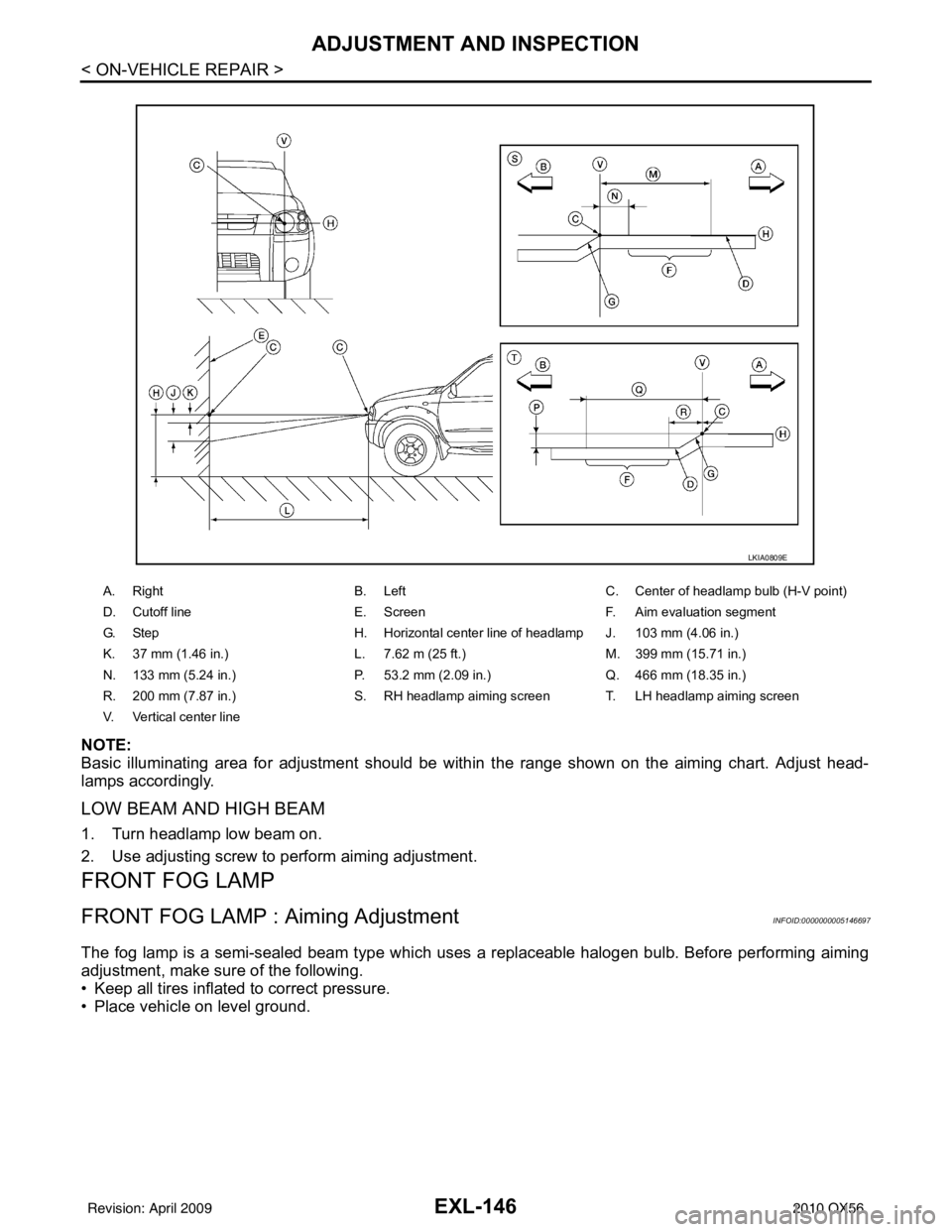 INFINITI QX56 2010 Factory Service Manual EXL-146
< ON-VEHICLE REPAIR >
ADJUSTMENT AND INSPECTION
NOTE:
Basic illuminating area for adjustment should be within the range shown on the aiming chart. Adjust head-
lamps accordingly.
LOW BEAM AND INFINITI QX56 2010 Factory Service Manual EXL-146
< ON-VEHICLE REPAIR >
ADJUSTMENT AND INSPECTION
NOTE:
Basic illuminating area for adjustment should be within the range shown on the aiming chart. Adjust head-
lamps accordingly.
LOW BEAM AND