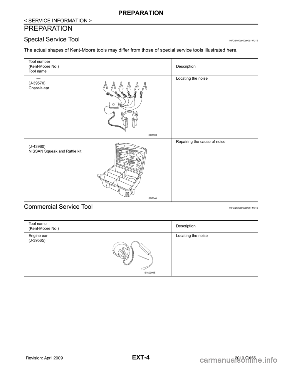 INFINITI QX56 2010  Factory Service Manual EXT-4
< SERVICE INFORMATION >
PREPARATION
PREPARATION
Special Service ToolINFOID:0000000005147312
The actual shapes of Kent-Moore tools may differ from those of  special service tools illustrated here