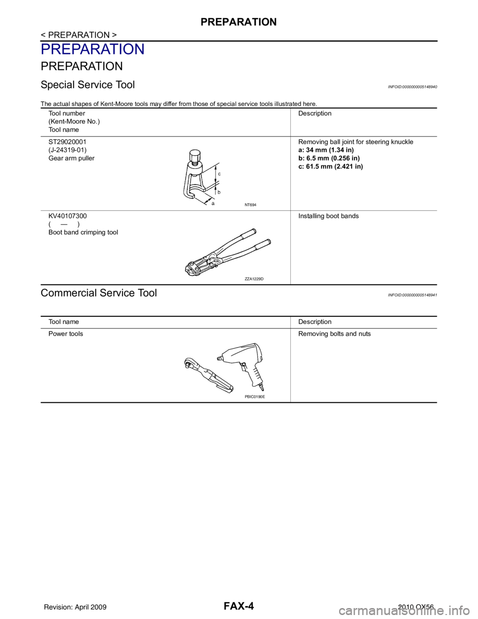 INFINITI QX56 2010  Factory Service Manual FAX-4
< PREPARATION >
PREPARATION
PREPARATION
PREPARATION
Special Service ToolINFOID:0000000005148940
The actual shapes of Kent-Moore tools may differ from those of special service tools illustrated h