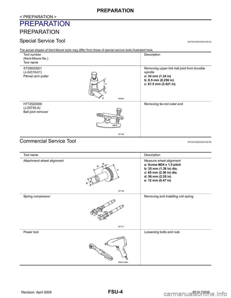 INFINITI QX56 2010  Factory Service Manual FSU-4
< PREPARATION >
PREPARATION
PREPARATION
PREPARATION
Special Service ToolINFOID:0000000005148105
The actual shapes of Kent-Moore tools may differ from those of special service tools illustrated h