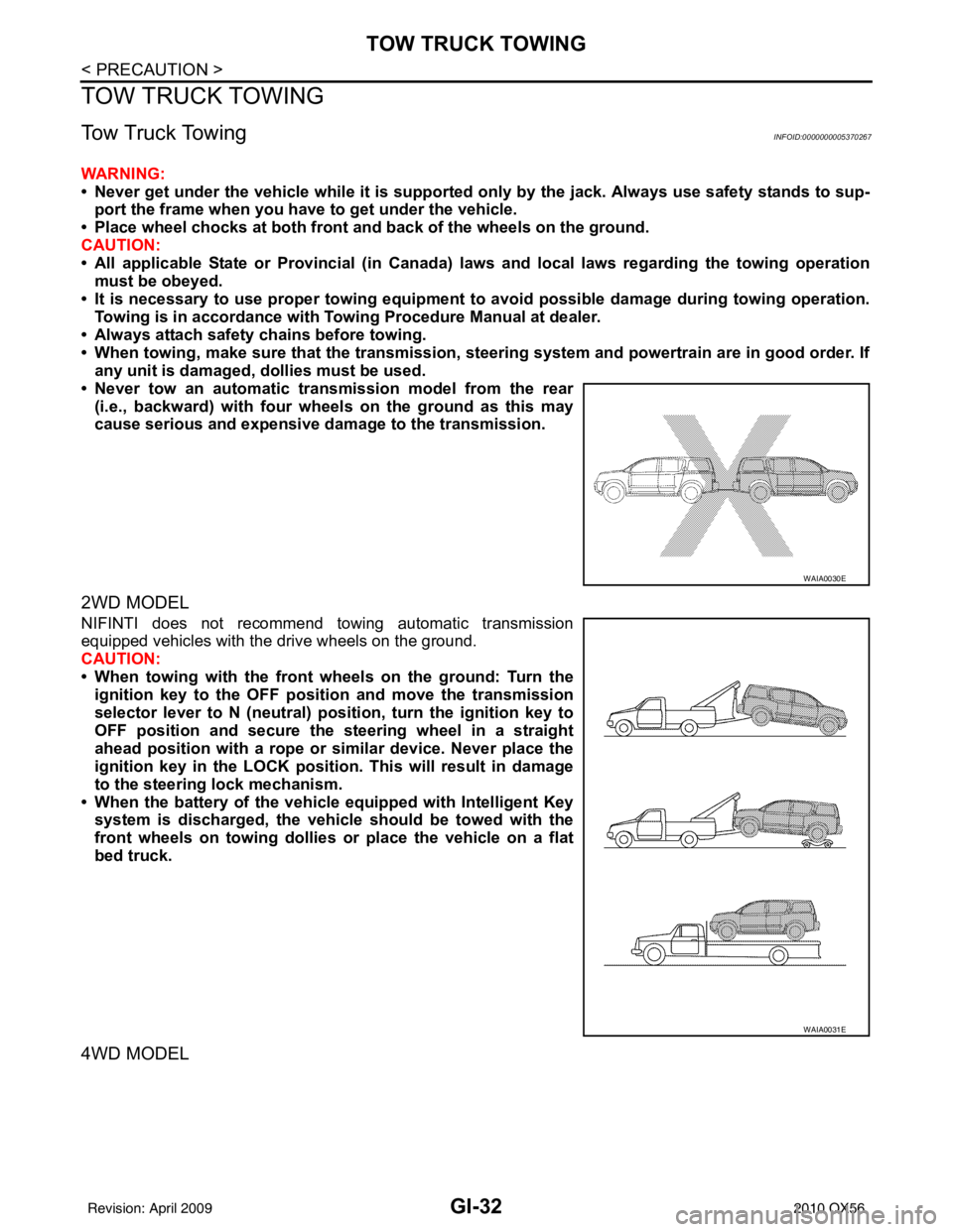 INFINITI QX56 2010  Factory Service Manual GI-32
< PRECAUTION >
TOW TRUCK TOWING
TOW TRUCK TOWING
Tow Truck TowingINFOID:0000000005370267
WARNING:
• Never get under the vehicle while it is supported only by the jack. Always use safety stands