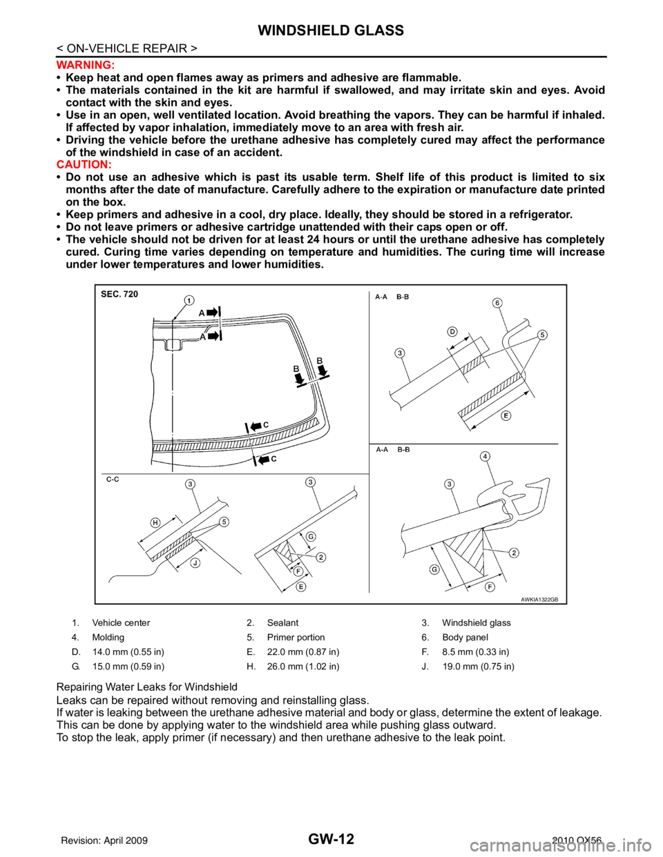 INFINITI QX56 2010  Factory Service Manual GW-12
< ON-VEHICLE REPAIR >
WINDSHIELD GLASS
WARNING:
• Keep heat and open flames away as primers and adhesive are flammable.
• The materials contained in the kit are harmful if  swallowed, and ma