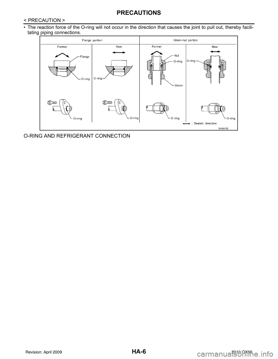 INFINITI QX56 2010  Factory Service Manual HA-6
< PRECAUTION >
PRECAUTIONS
• The reaction force of the O-ring will not occur in the direction that causes the joint to pull out, thereby facili-
tating piping connections.
O-RING AND REFRIGERAN