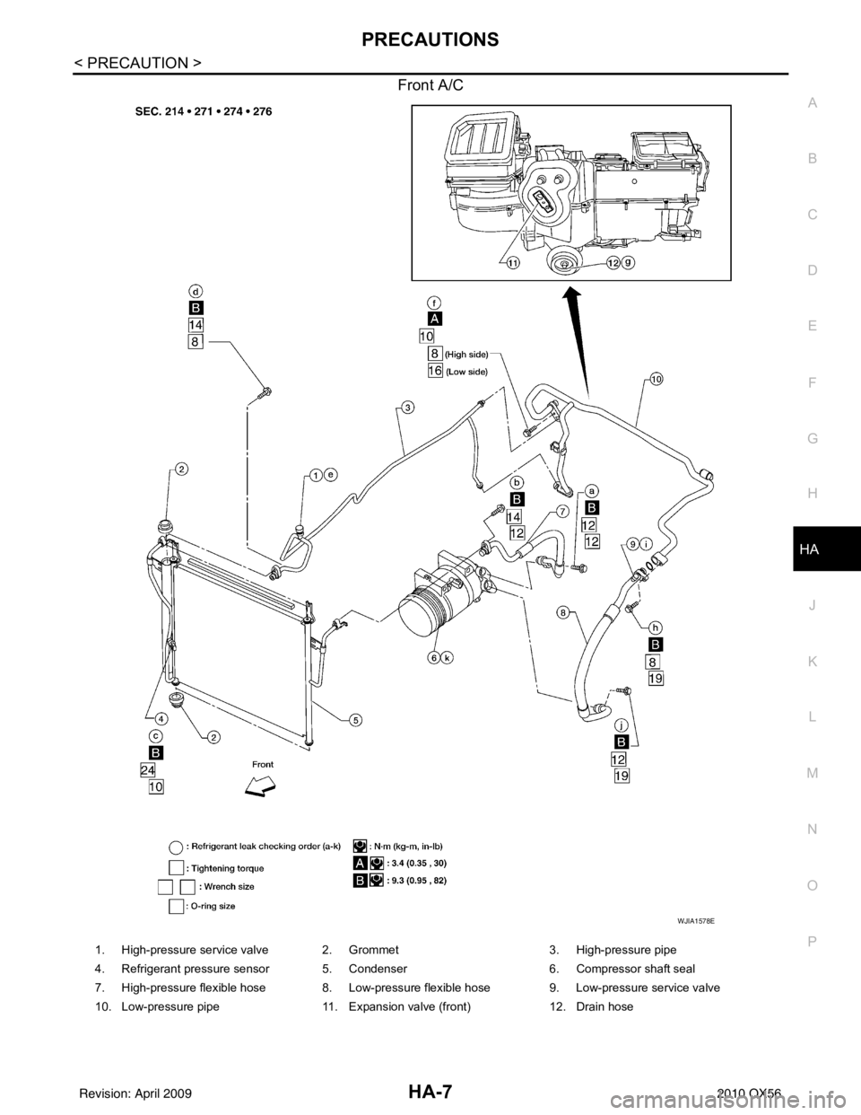 INFINITI QX56 2010  Factory Service Manual PRECAUTIONSHA-7
< PRECAUTION >
C
DE
F
G H
J
K L
M A
B
HA
N
O P
Front A/C
WJIA1578E
1. High-pressure service valve 2 . Grommet 3. High-pressure pipe
4. Refrigerant pressure sensor 5. Condenser 6. Compr