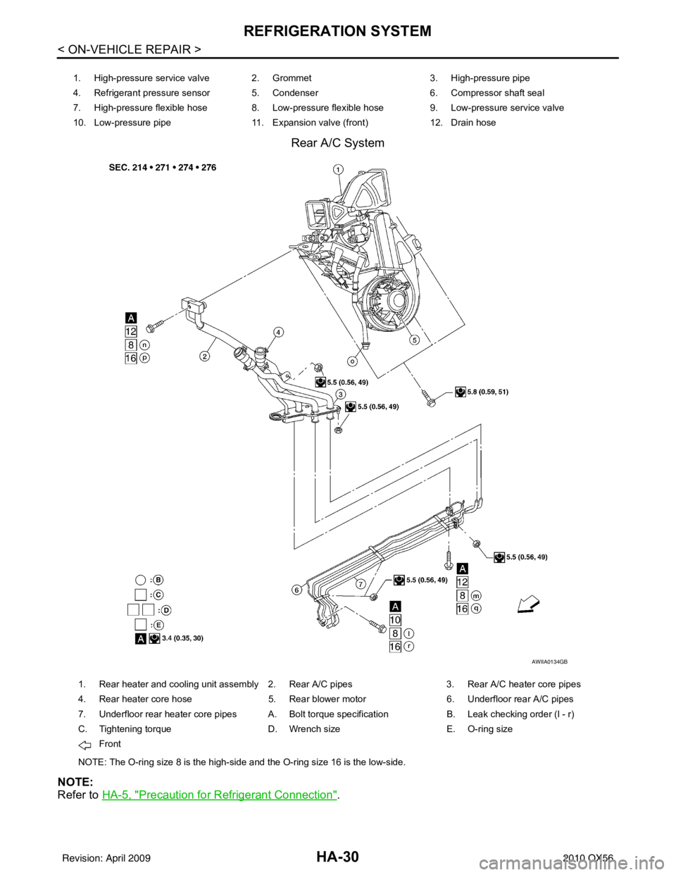 INFINITI QX56 2010  Factory Service Manual HA-30
< ON-VEHICLE REPAIR >
REFRIGERATION SYSTEM
Rear A/C System
NOTE:
Refer to HA-5, "
Precaution for Refrigerant Connection".
1. High-pressure service valve 2. Grommet 3. High-pressure pipe
4. Refri