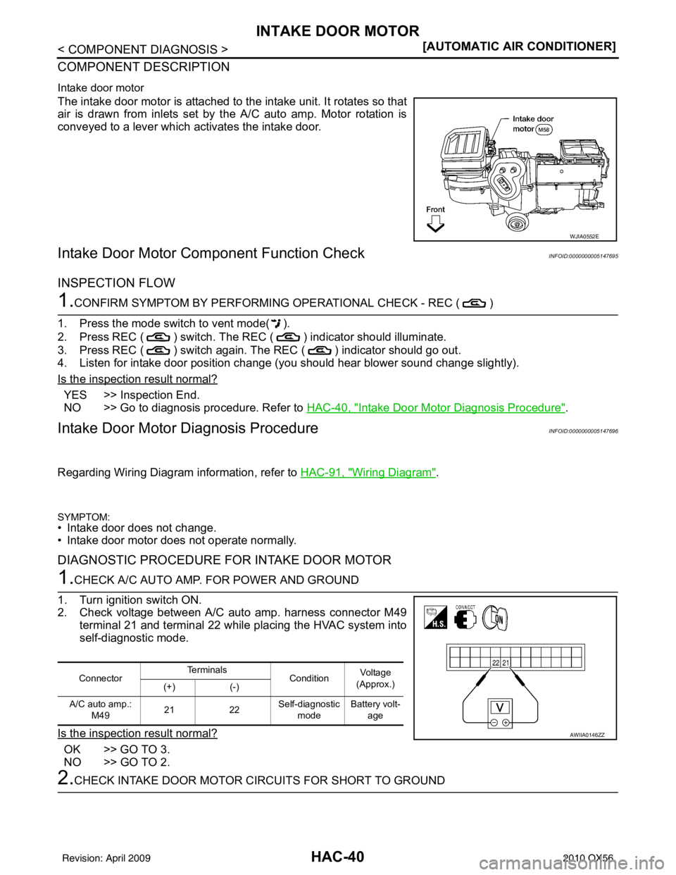 INFINITI QX56 2010  Factory Service Manual HAC-40
< COMPONENT DIAGNOSIS >[AUTOMATIC AIR CONDITIONER]
INTAKE DOOR MOTOR
COMPONENT DESCRIPTION
Intake door motor
The intake door motor is attached to the intake unit. It rotates so that
air is draw